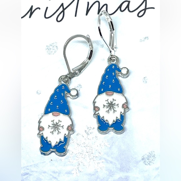 Winter Gnome Blue White Enamel Silver Snowflake Polka Dots Leverback Earrings - Picture 3 of 4